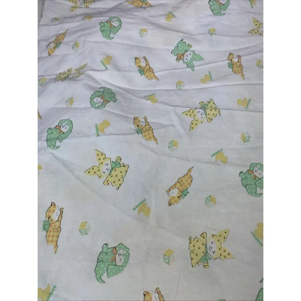 Vtg 70s Crib Sheet Yellow Bear Bunny Cats Bears Baby Retro Kitschy 3 Pcs Fabric